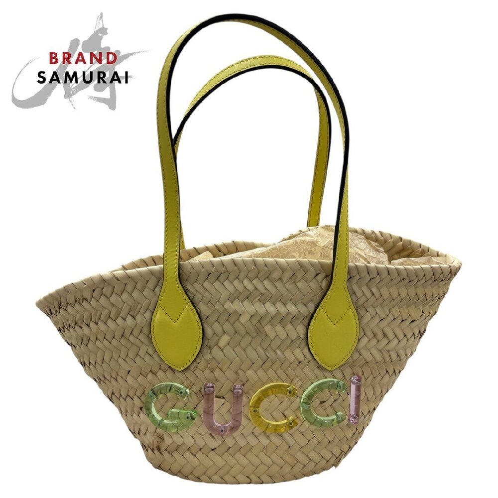 GUCCI Straw Tan leather basket bag beige yellow handbag